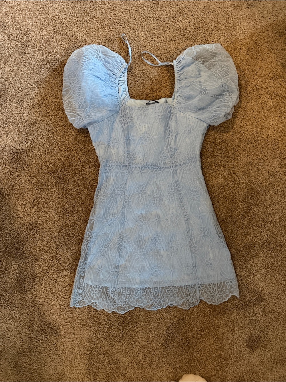 Very J Powder Blue Floral Lace Square Neck Top